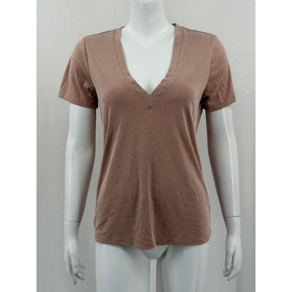 Lovers + Friends Top Womens XS Tan Ribbed Deep V-Neck Short Sleeve Casual Staple